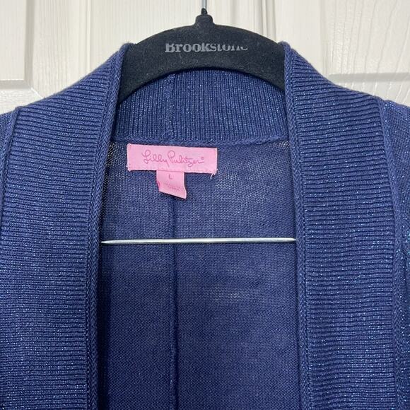 Lilly Pulitzer Micaila Cardigan Sweater Navy Metallic Open Longline Tulip Hem - Picture 6 of 11